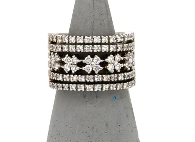 Wide 14K white gold band with six rows of prong-set round diamonds.