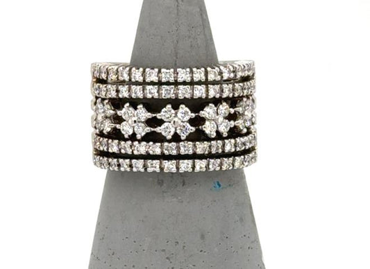 Wide 14K white gold band with six rows of prong-set round diamonds.