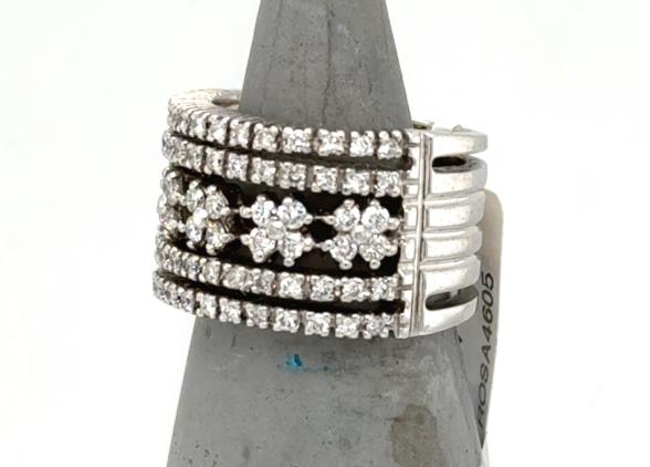 14K white gold wide band with six rows of prong-set round diamonds.