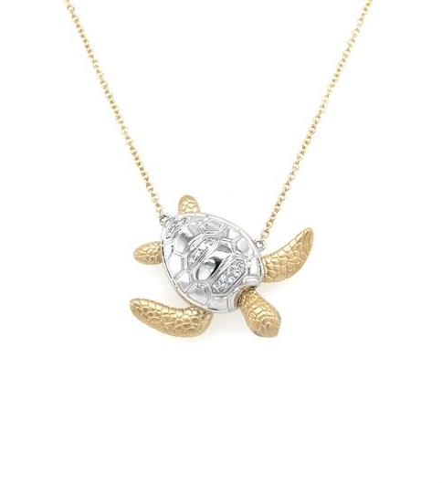 14K yellow and white gold sea turtle pendant with diamond shell on rolo chain.