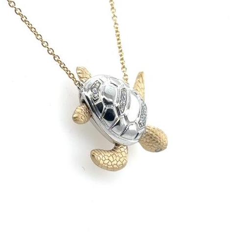 14K yellow and white gold sea turtle pendant with diamond-accented shell on chain.