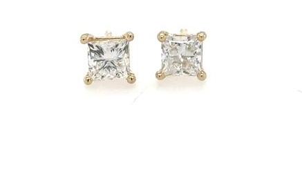 Princess-cut diamond stud earrings in 14K yellow gold four-prong martini settings.