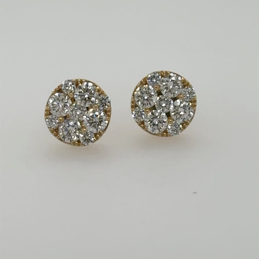 Round 14K yellow gold stud earrings with prong-set diamond cluster fronts.