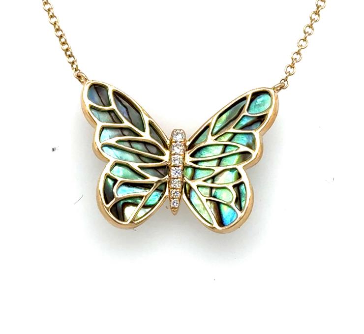 14K yellow gold butterfly pendant with abalone wings and diamond-set body on chain.