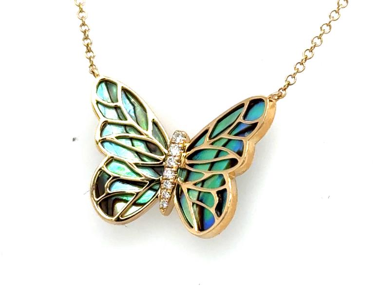 14K yellow gold butterfly pendant with abalone wings and diamond-accented body on chain.