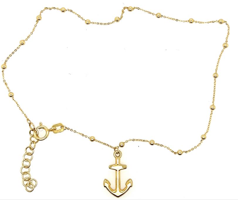 14K yellow gold beaded anklet with anchor charm and extender chain.