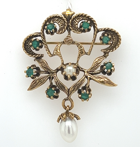 Antique 14K yellow gold pin pendant with emerald clusters and dangling pearl.