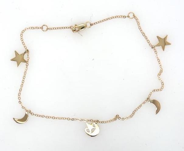14K yellow gold anklet with star and crescent moon charms and lobster clasp.