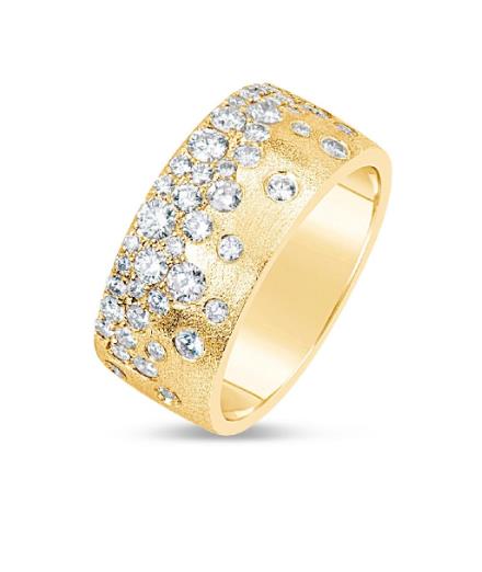 Wide 14K yellow gold band with brushed finish and scattered round diamonds.
