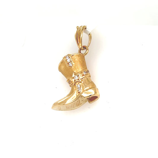 14K yellow gold cowboy boot charm with star accents and clear stones.