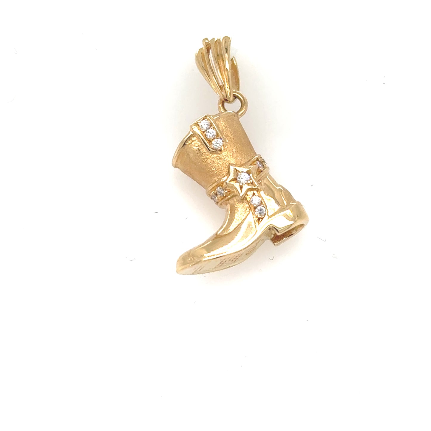 14K yellow gold cowboy boot charm with white stones and star accents.
