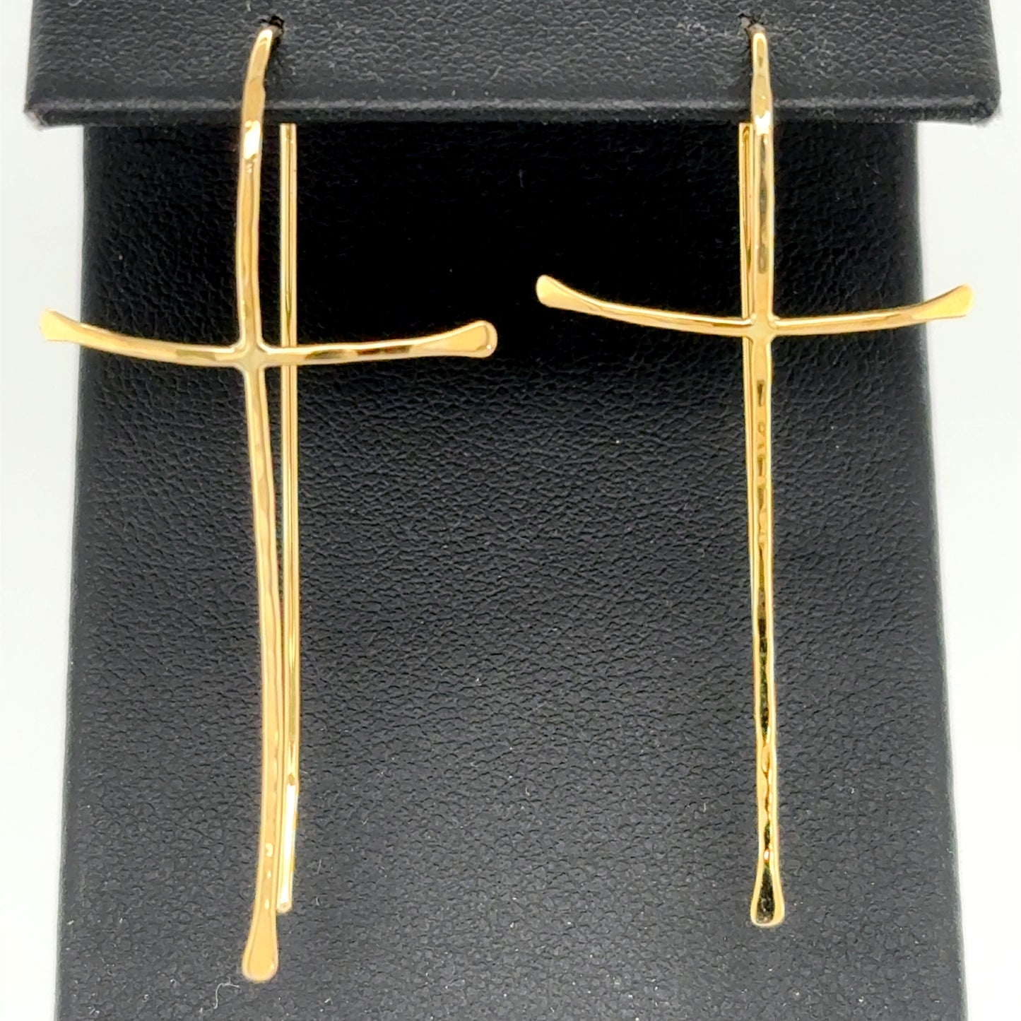 14K yellow gold cross threader earrings with long, slender polished bars.