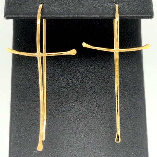 14K yellow gold cross threader earrings with long, slender polished bars.