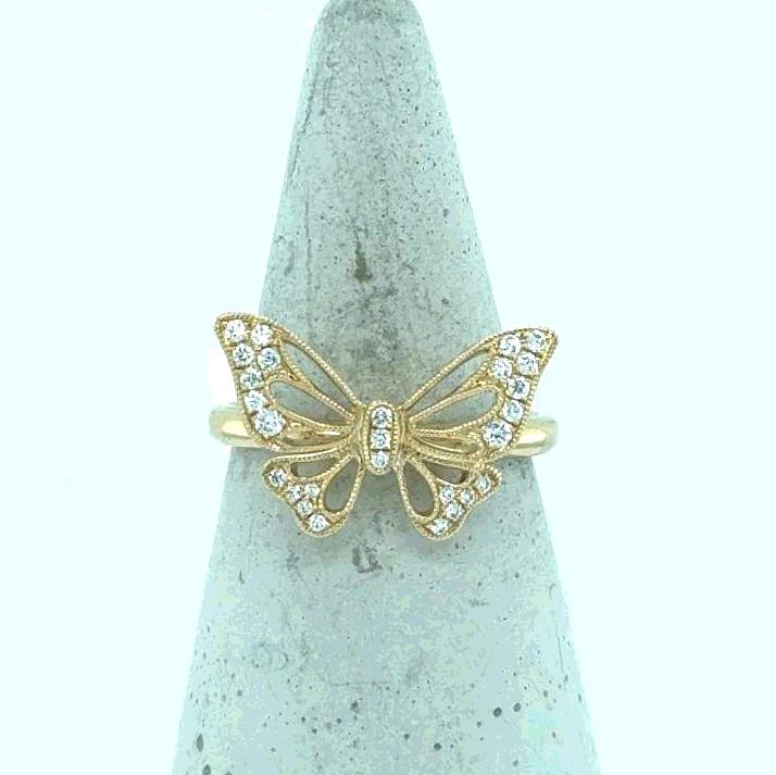 14K yellow gold ring with openwork butterfly motif accented by round diamonds.