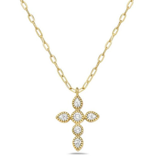14K yellow gold cross pendant with bezel-set diamonds and milgrain on link chain.