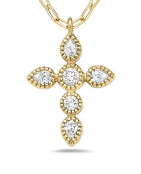 14K yellow gold diamond cross pendant with milgrain bezels on a fancy link chain.
