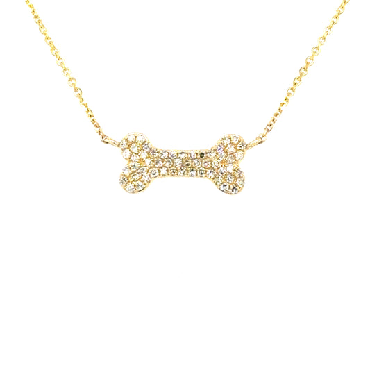 14K yellow gold dog bone pendant with pavé diamonds on cable chain.