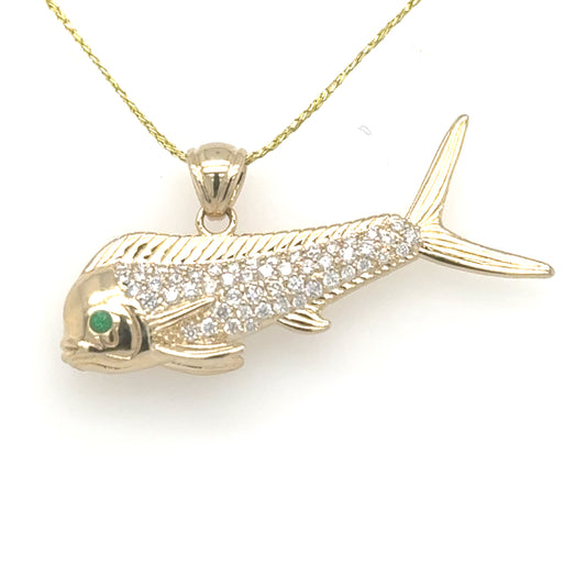 14K yellow gold mahi fish pendant with pavé diamonds and emerald eye.