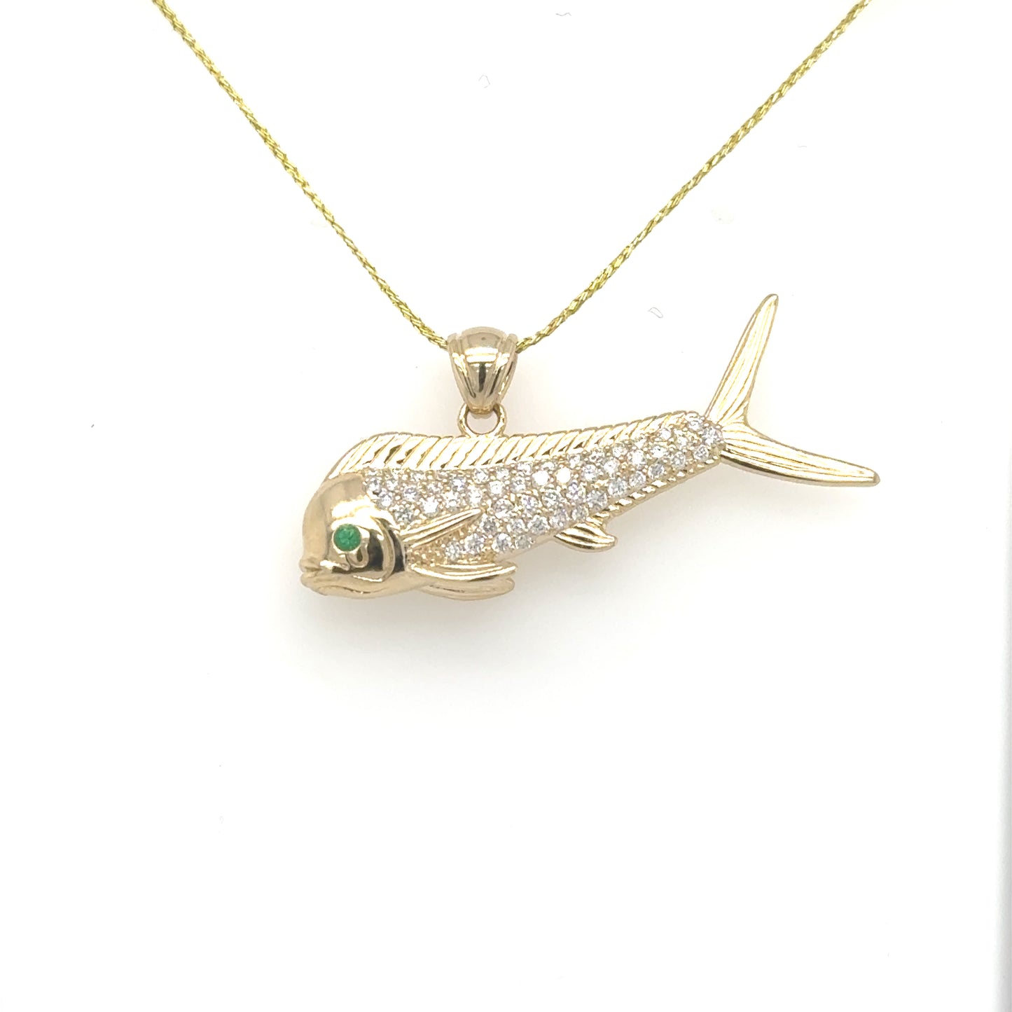 14K yellow gold mahi fish pendant with pavé diamonds and emerald eye.