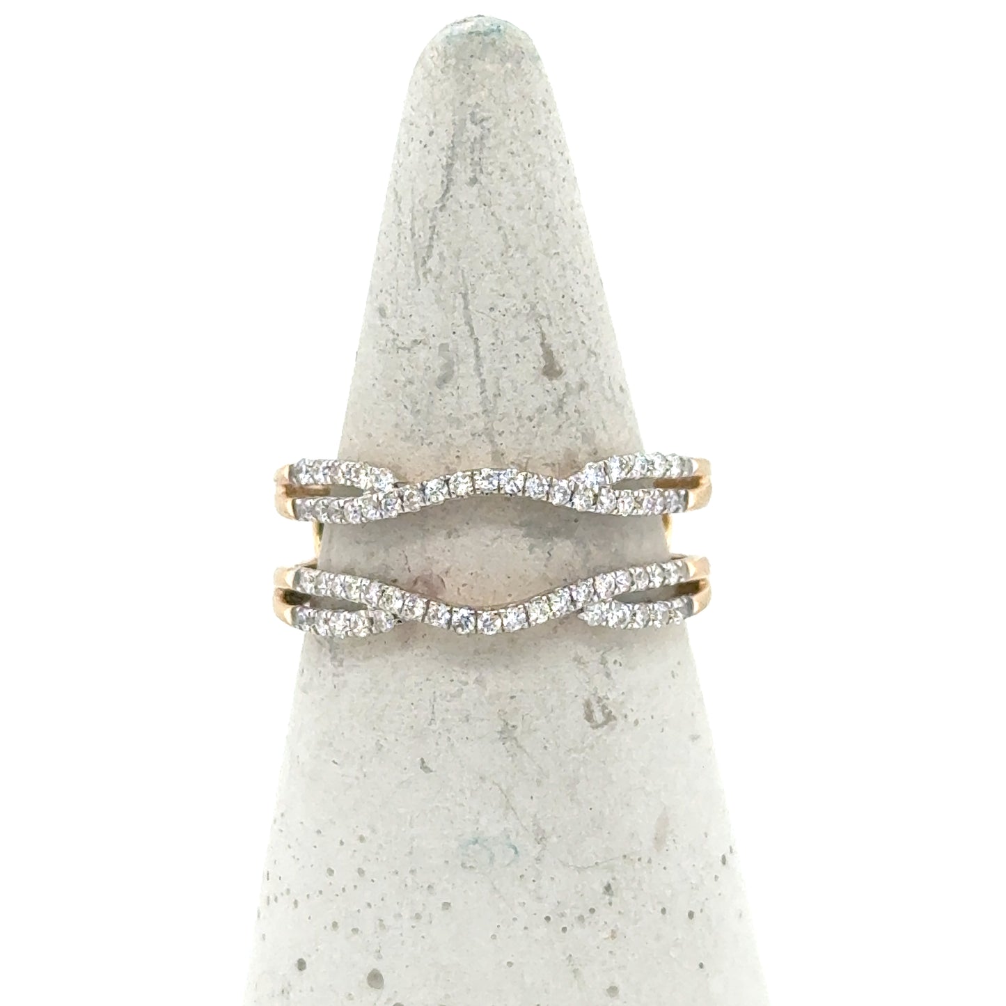 14K yellow gold diamond enhancer band set with wavy split design.