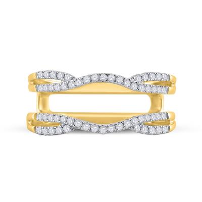 14K yellow gold diamond enhancer ring with two wavy pavé bands and opening.