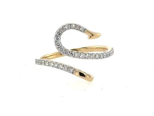 14K yellow gold wrap ring with pavé diamonds forming a fish hook motif.