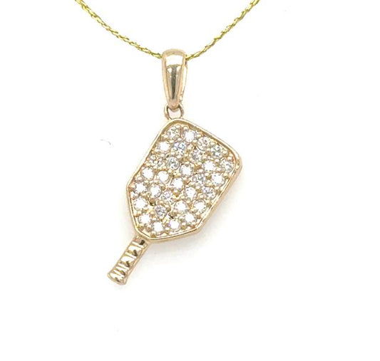 14K yellow gold pickleball paddle pendant with pavé-set round diamonds.