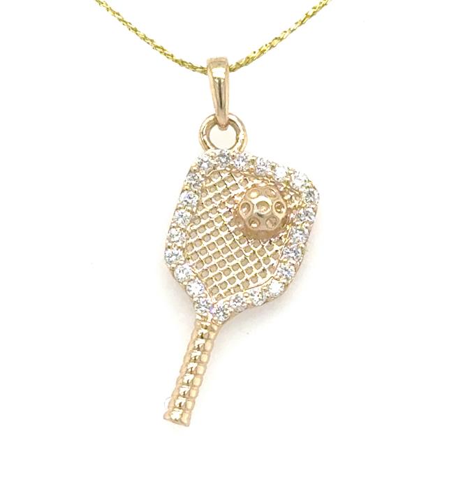 14K yellow gold pickleball paddle pendant with diamond halo and ball motif.