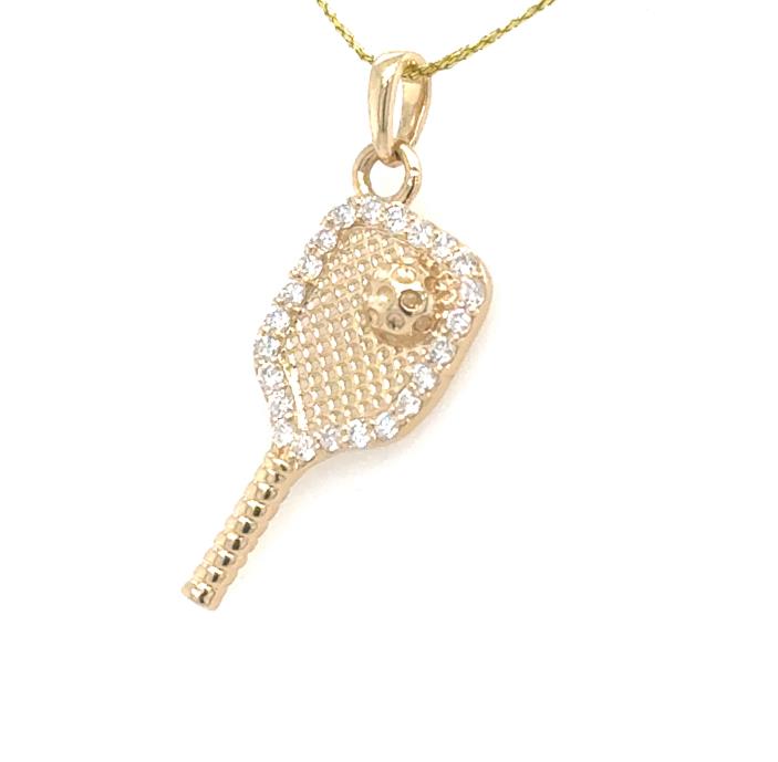 14K yellow gold pickleball paddle pendant with diamond border and ball motif.