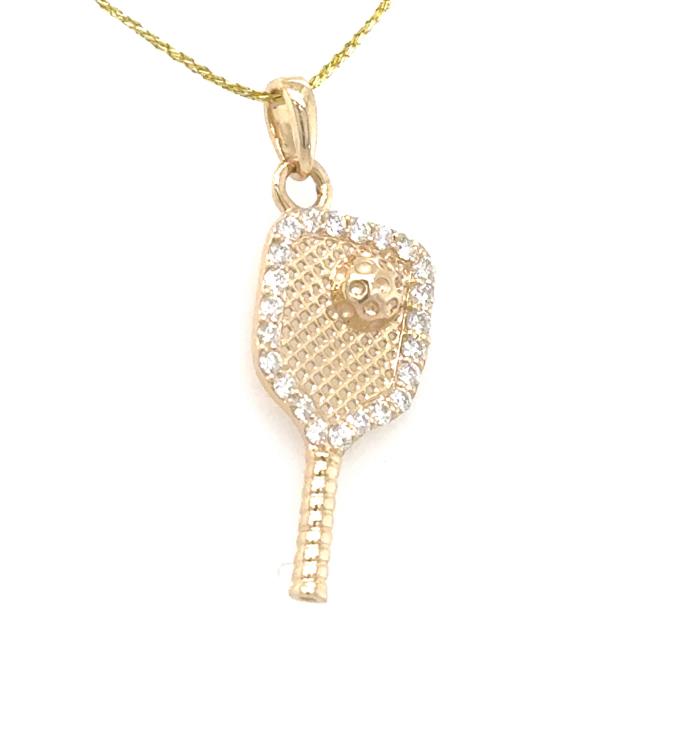 14K yellow gold pickleball paddle pendant with diamond halo and ball motif.