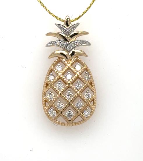 14K yellow gold pineapple pendant with pavé diamonds and hidden back bail.