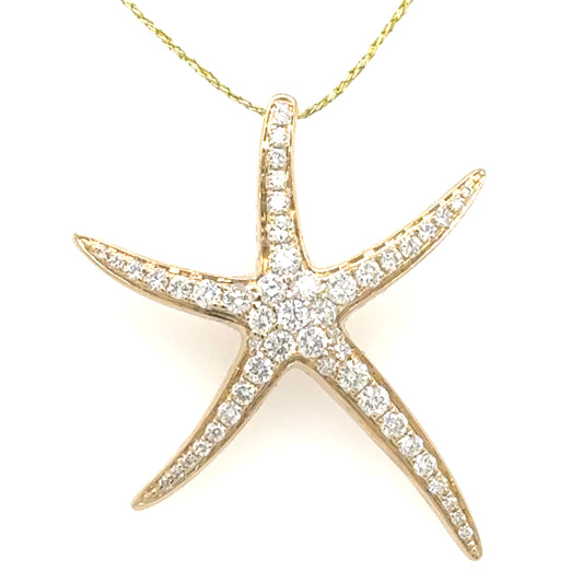 14K yellow gold starfish pendant pavé-set with round diamonds, hidden bail.