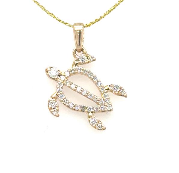 14K yellow gold turtle pendant outlined with round diamonds on a diagonal.