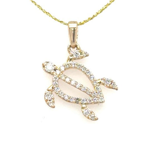 14K yellow gold turtle pendant outlined with round diamonds on a diagonal.