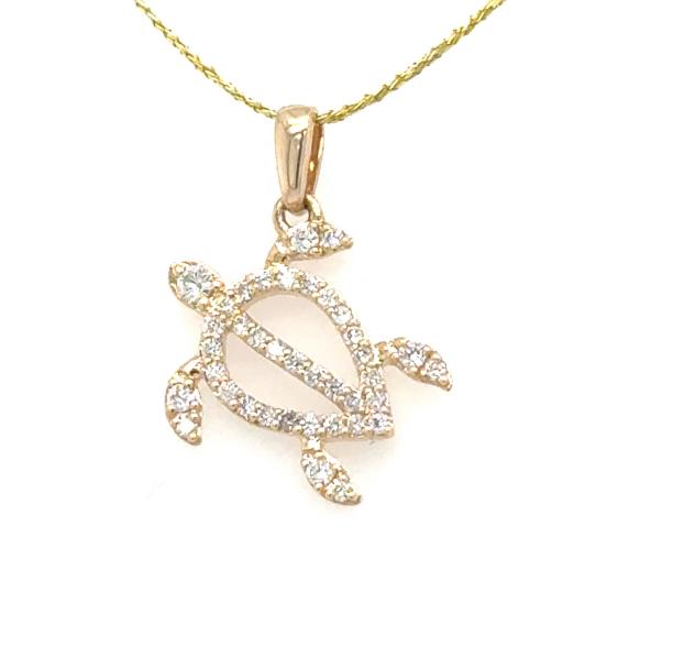 14K yellow gold turtle pendant outlined with prong-set round diamonds, diagonal hang.