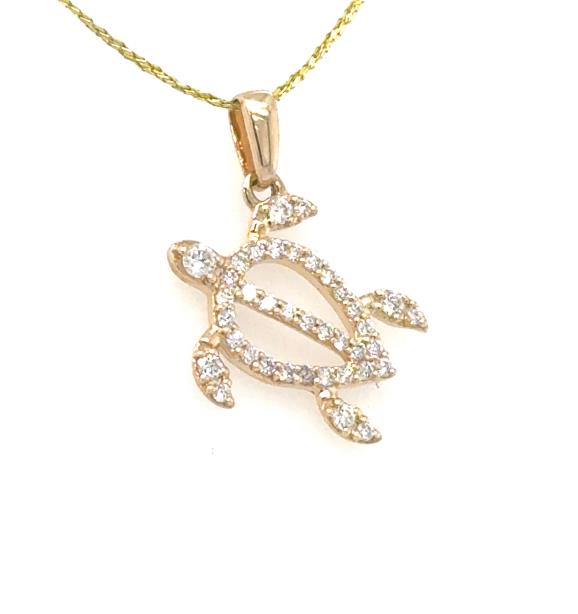 14K yellow gold turtle pendant outlined with round diamonds on a fine chain.