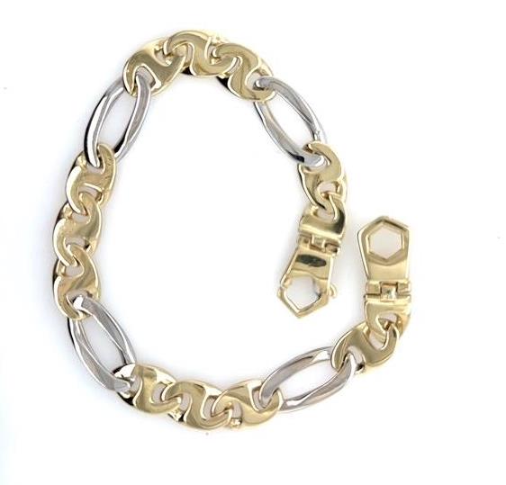 Two-tone 14K gold Figaro bracelet with alternating yellow and white links, lobster clasp.