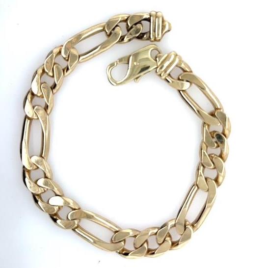 14K yellow gold Figaro link bracelet with polished finish and lobster clasp.