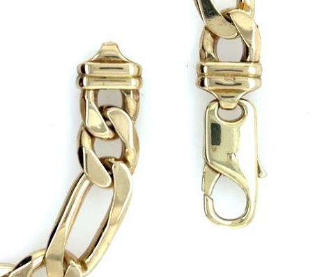 14K yellow gold men’s Figaro bracelet with solid links and lobster claw clasp.