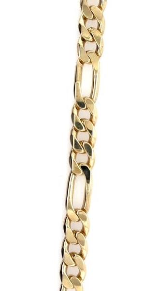 Yellow gold solid Figaro chain bracelet with alternating long and short links.