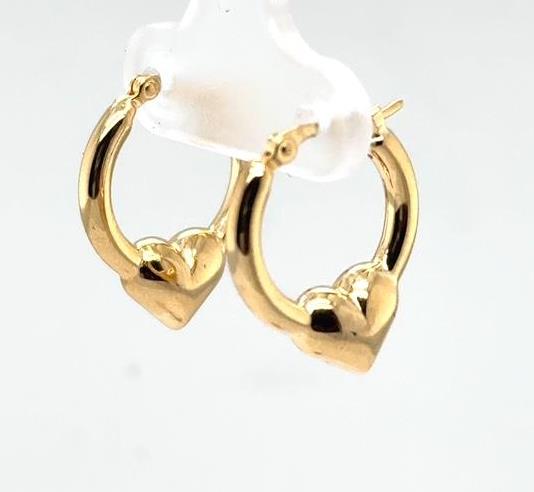 Small 14K yellow gold hoop earrings with puffed heart accents and latch backs.