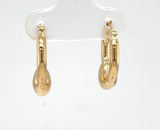 14K yellow gold small tube hoop earrings with puffed heart accents.