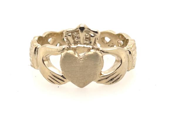 14K yellow gold Claddagh ring with crowned heart and hands motif band.