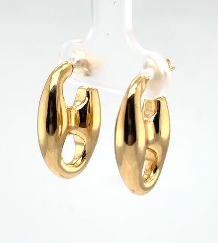 14K yellow gold puffed mariner link earrings with friction posts for pierced ears.