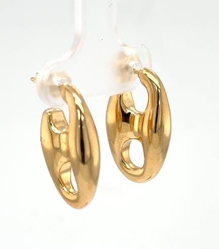 14K yellow gold puffed mariner link earrings with friction posts for pierced ears.