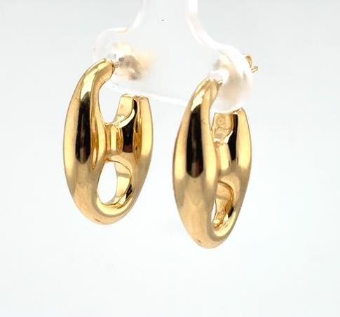 14K yellow gold puffed mariner link hoop earrings with friction posts.