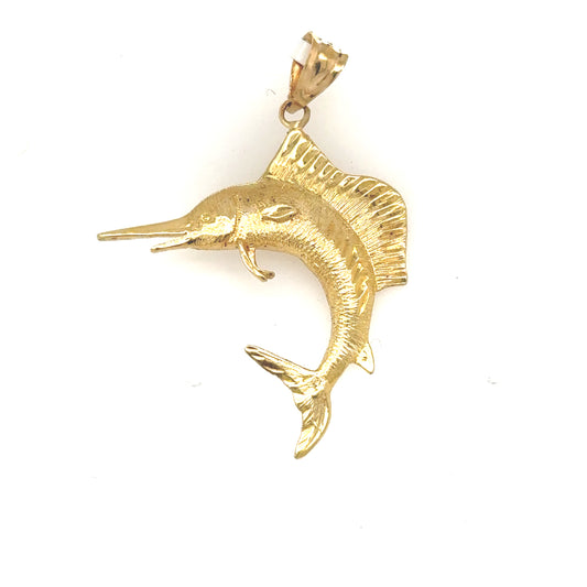 14K yellow gold marlin pendant with diamond-cut detailing and plain bail.