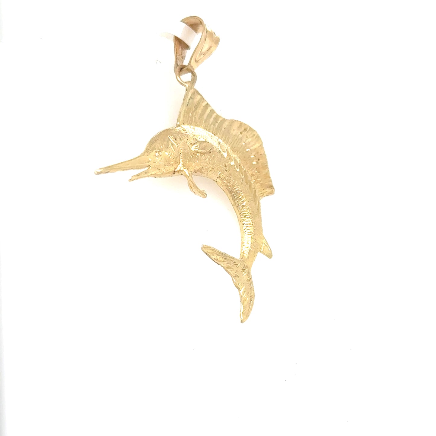 14K yellow gold marlin pendant with diamond-cut texture and plain bail.