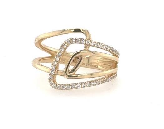 14K yellow gold openwork band with asymmetrical shapes and pavé-set round diamonds.