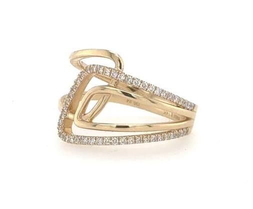 14K yellow gold openwork band with pave-set round diamonds and modern geometric design.